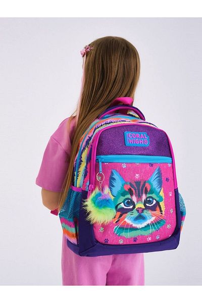 Coral High Rucsac de școală cu trei compartimente pentru fete, set cutie de prânz și suport pentru stilouri, pisică violet roz
