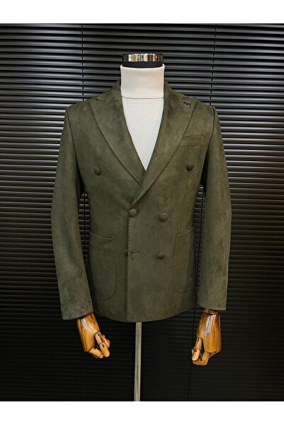 Terziayhan Χακί πράσινο βελούδινο slimfit σακάκι με διπλό στήθος