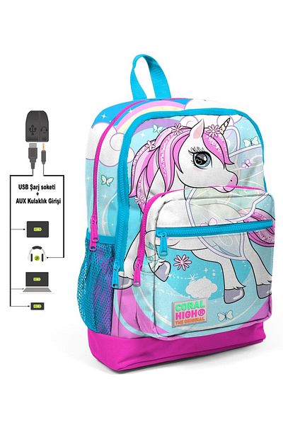Coral High Blue Unicorn Printed School Bag and Lunch Box Set - Girl - With USB Socket