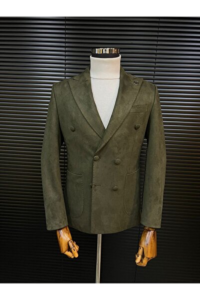 Terziayhan Χακί πράσινο βελούδινο slimfit σακάκι με διπλό στήθος