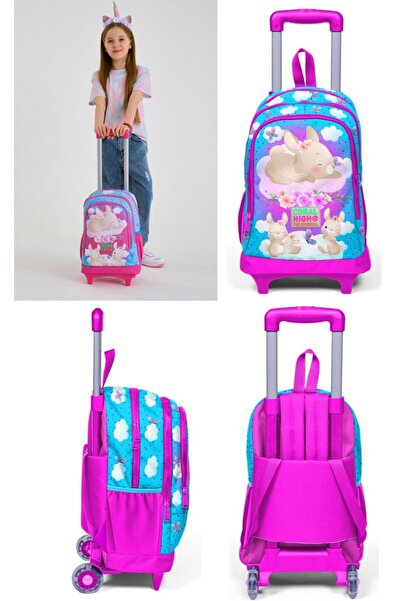Coral High Kız Çocuk Mavi Pembe Tavşan Tekerlekli Okul Çantası Ve Kalemlik Seti