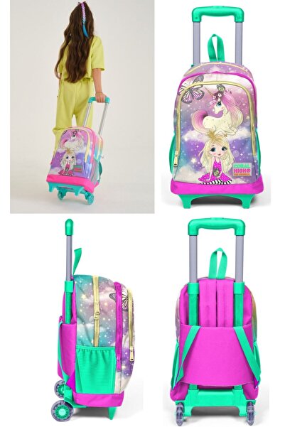Coral High Water Green Unicorn Patterned Girl's School Bag and Lunch Set - Lighted Wheels