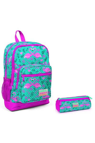 Coral High Set rucsac și suport stilou pentru școală elementară - imprimat cu flamingo verde