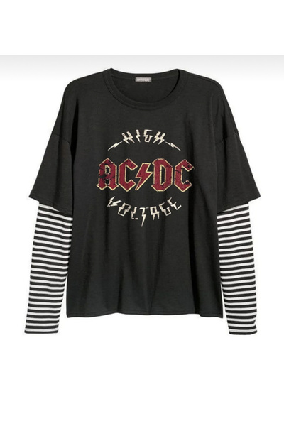 DEEFWEAR AC DC Baskılı Fake Kol Unisex Oversıze Basıc Tişört