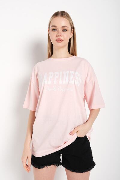 Adrift Ženska majica prevelikog kroja u puder roze boji sa printom "Happiness"