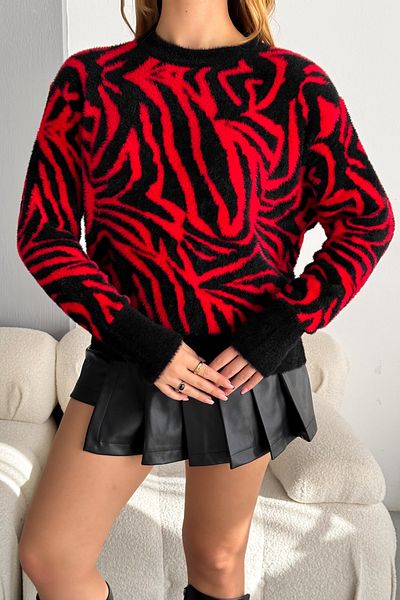FEMELLE Women's Red Standard Size Zebra Patterned Bearded Knitwear Sweater