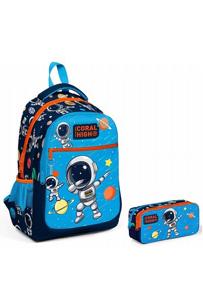 Coral High Set de rucsac și suport pentru stilou pentru școală primară astronaut albastru bleumarin