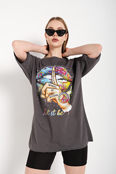 Adrift Ženska antracit boja Let It Be Oversize kroj T-shirt