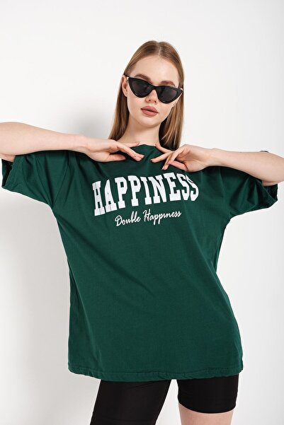 Tarzsokak Γυναικείο μπλουζάκι Χακί Happiness Printed Oversize