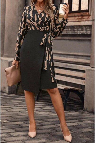 rengamoda Rochie de damă, cu guler dublu, cu fundă, din material Atlas