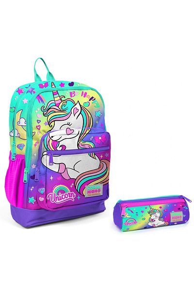 Coral High Water Green Lavender Unicorn Primary School Backpack and Pen Holder Set