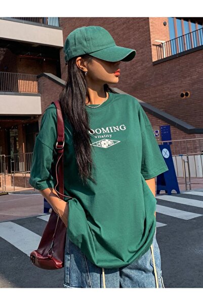 Tarzsokak Μπλουζάκι Blooming Vitality Printed Nephti Green Oversize