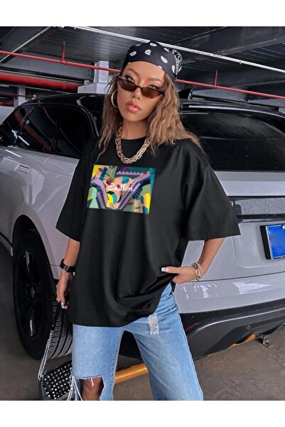 Tarzsokak Γυναικείο μπλουζάκι μαύρο Oversize 100% βαμβακερό Endless printed