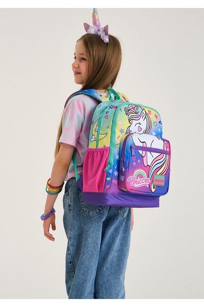 Coral High Water Green Lavender Unicorn Primary School Backpack and Pen Holder Set