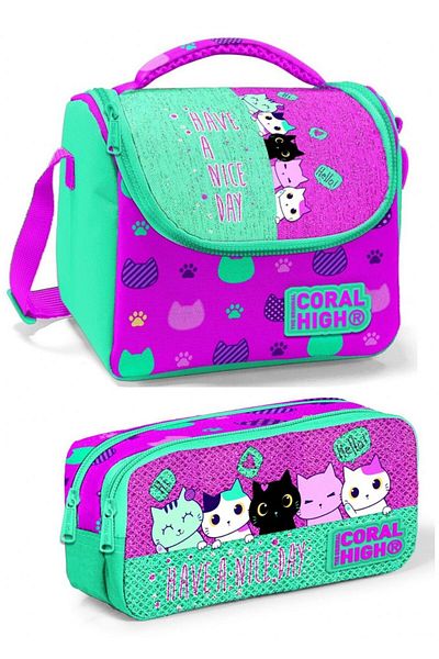Coral High Set de cutie de prânz pentru fete, verde, roz, pisică