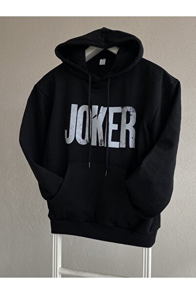 Genel Markalar Unisex Joker Baskılı Kapüşonlu Siyah Swetshirt