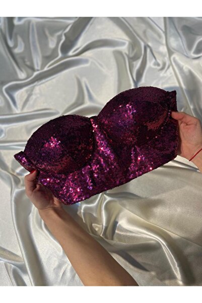 Miss Monalisa Moda Fuşya Pul Payet Croptop Astarlı Korse Detaylı