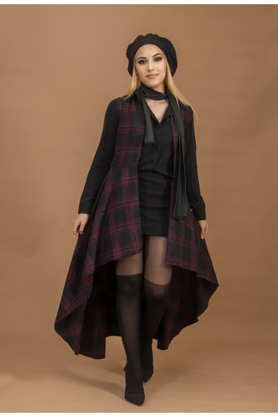 Aişe tesettür Women's Burgundy Black Plaid Long Vest