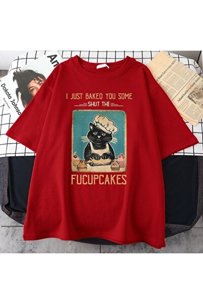 Yasolin Tricou oversize cu decolteu rotund cu imprimeu Fucupcakes roșu pentru...