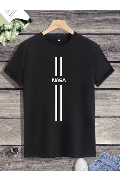 FANBOX SHOP Nasa Printed Men's Black Oversize T-Shirt - Bisisklet Collar