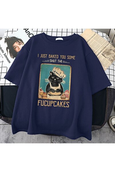 Yasolin Дамска тениска с голямо деколте с щампа Fucupcakes в тъмносиньо