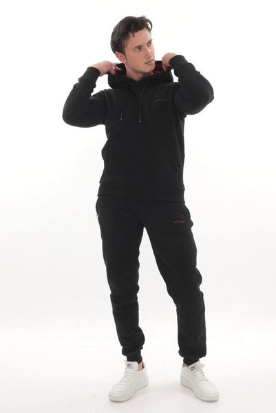 FORE SPORT Men's Black Claret Red 3 Thread Hooded Sweat Top