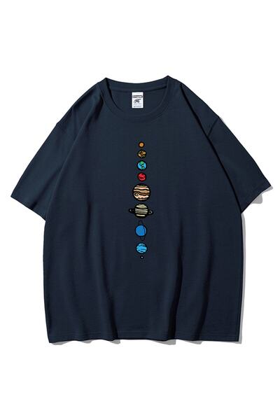 Adrift Unisex tamnoplava majica 9 Planeta Štampano Oversize kroj okrugla kragna