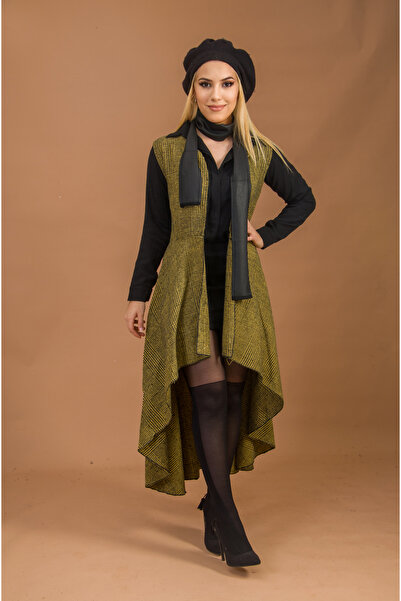 Aişe tesettür Women's Mustard Black Striped Long Vest