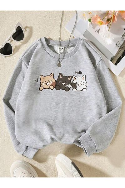 Keywest Unisex Hello 3 Cat Printed Oversize Φούτερ με κουκούλα
