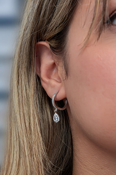 Nereze 925 Ayar Gümüş 15 Mm Halka Beyaz Damla Taşlı Küpe