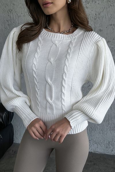 nosia fashion Pulover alb din tricot cu mâneci prințesă și împletitură de păr