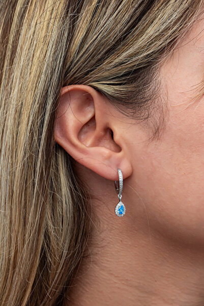 Nereze 925 Ayar Gümüş 15 Mm Halka Aquamarin Damla Taşlı Küpe