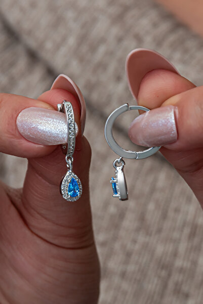 Nereze 925 Ayar Gümüş 15 Mm Halka Aquamarin Damla Taşlı Küpe