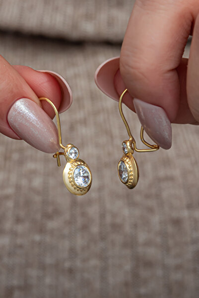 Nereze 925 Ayar Gümüş Gold Kaplama Elmas Montür Tektaş Küpe