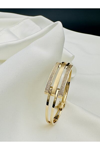 Adel Gold 14 Ayar florantinli Kaburga taşlı üç sıra ince Kelepce kadın bilezik-9,45 gr