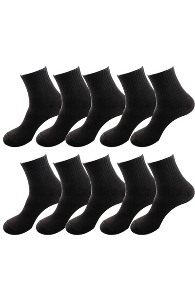 çorapmanya 10 Çift Yarım Konç Kadın Siyah Beyaz Çizgisiz Kolej Tenis Çorap