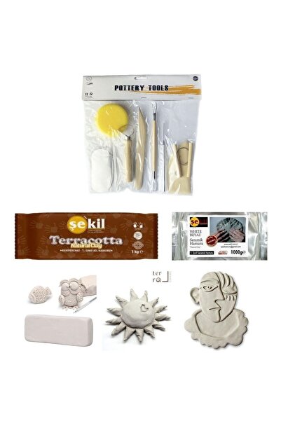 Art Tone Şekil White Beyaz ve Kahverengi Terracotta Seramik Hamuru 1 1 Kg Kil 8'li Seramik Şekillendirme Seti