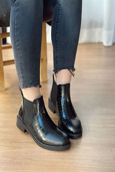 Rainon Store Black Leather Croquet Elastic Women's Boots