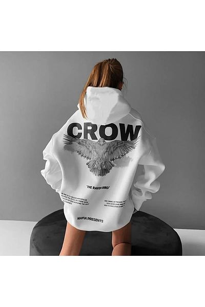 Keywest Φούτερ με κουκούλα Unisex Crow Printed Oversize