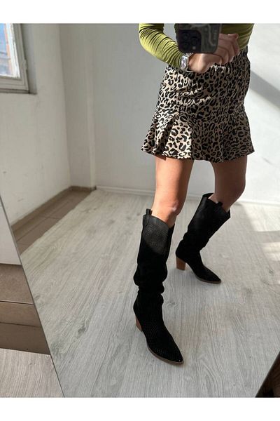 SHOEBOURNE Cizme lungi de vară perforate tăiate cu laser din piele intoarsa neagra