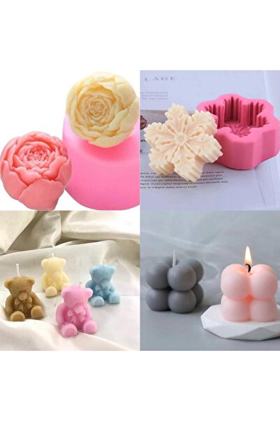 arıca pazarlama 4 set set silikon mum kalıbı (top şakayık, kartanesi, ayıcık, mini bubble )