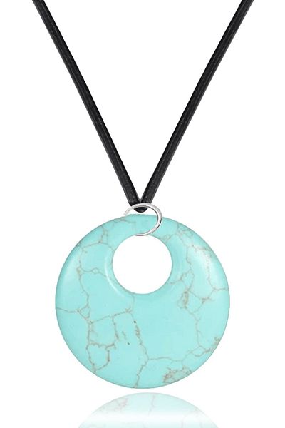 Tesbih Atölyesi Natural Turquoise (Turquoise) Stone Necklace with Certified Leather String