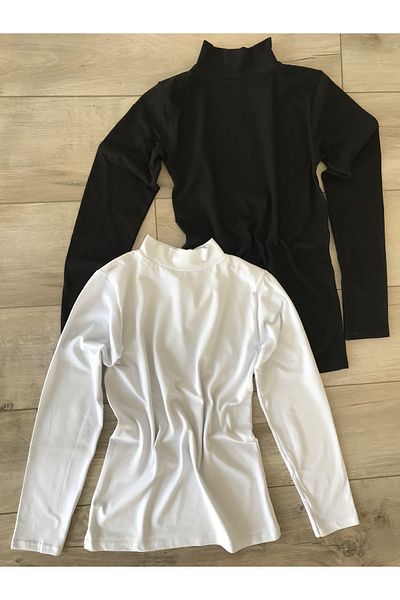 LEYNA BUTİK Body de bumbac cu mânecă lungă cu gât roscat (1 bucată negru și 1 bucată alb)