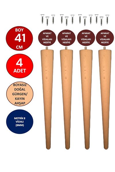 TNT 4 bucăți 41 cm picior din lemn natural conic masă-scaun-taburet-masa de cafea Diametru picior: 4,6 cm 3301000000666