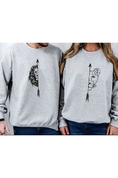 Mythologie Lions Lover Couple Combination Φούτερ - Γκρι εμπριμέ Oversize Crew Neck