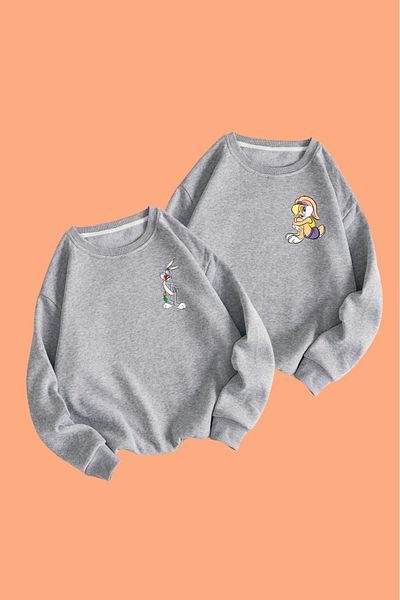 Mythologie Φούτερ με συνδυασμό Bugs Bunny and Lola Lover Couple - Γκρι εμπριμέ Oversize Crew Neck
