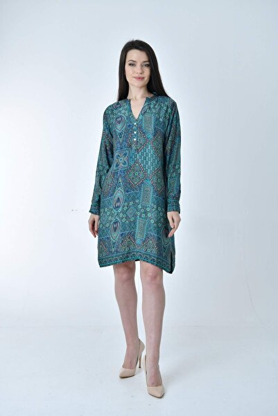 Şık Diz Hizası Elbise Etnik Desenli Ipek (STYLISH KNEE LENGTH DRESS ETHNIC PATTERNED SILK)