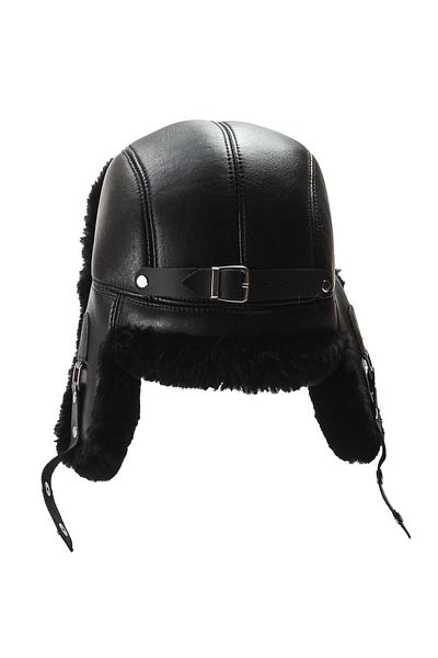 fubileather Genuine Leather Unisex Pilot Leather Hat with Fur Buckle
