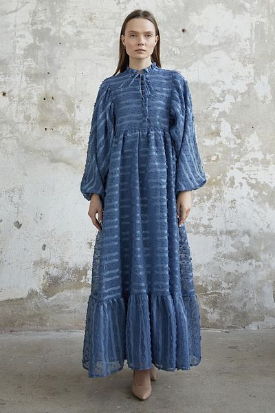 InStyle Šaty s balonovým rukávem se zavazovacím límečkem – Indigo
