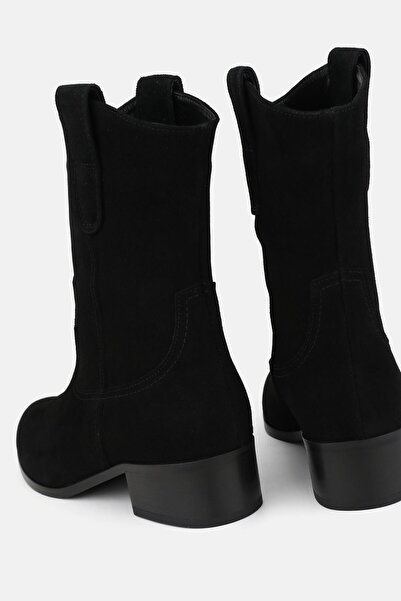 TUNAELLİ Kadın Siyah Süet Hakiki Deri 35-41 Numara Kısa Topuklu Western Bot & Bootie